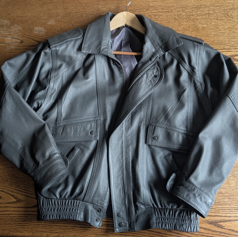 Classic Charcoal Gray Vegan Leather Bomber Jacket